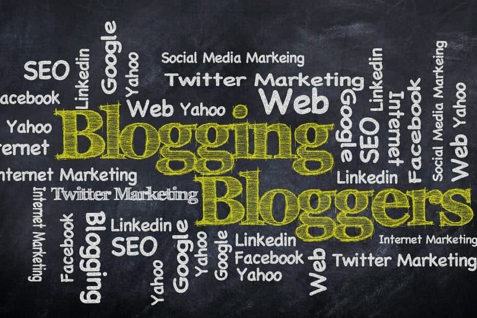 A word cloud of blogging related terms, in yellow and white chalk on a blackboard