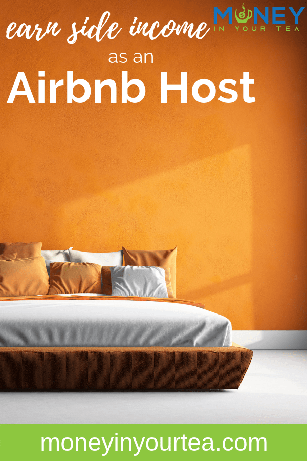 Bedroom with bright orange wall with text overlay, "earn side income as an Airbnb host" by moneyinyourteas.com