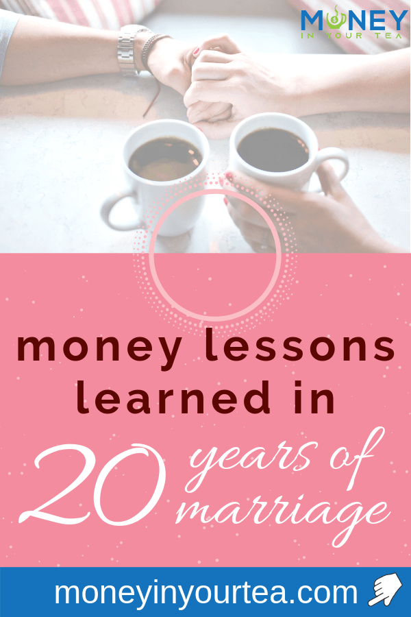 Couple holding hands on table next to 2 coffees, with text overlay "money lessons learned in 20 years of marriage" by moneyinyourteas.com