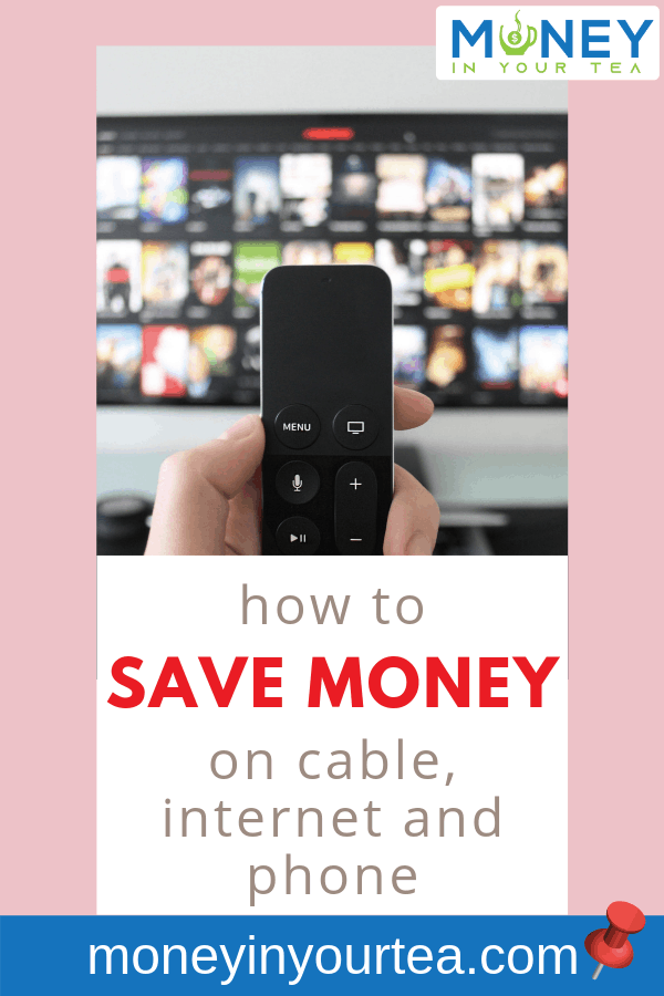 TV and remote with text overlay, "how to save money on cable, internet and phone" by moneyinyourteas.com