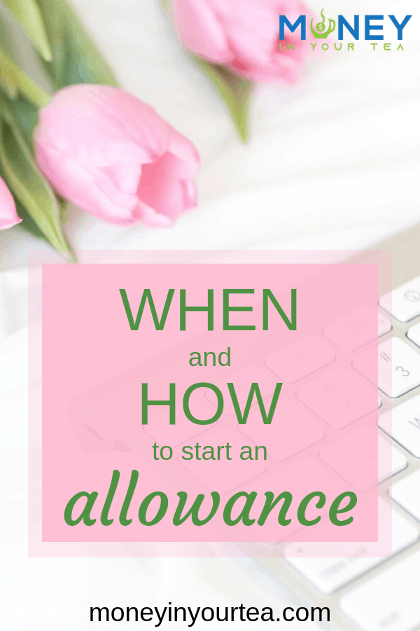 Pink roses and keyboard with text overlay, "When and how to start and allowance" by moneyinyourteas.com