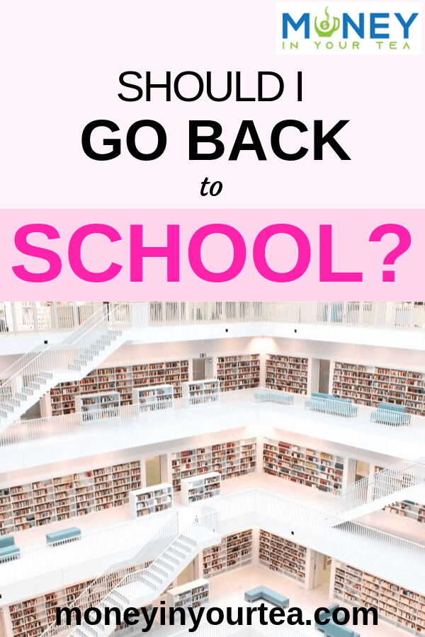 University library with text overlay, "Should I go back to school?" by moneyinyourteas.com