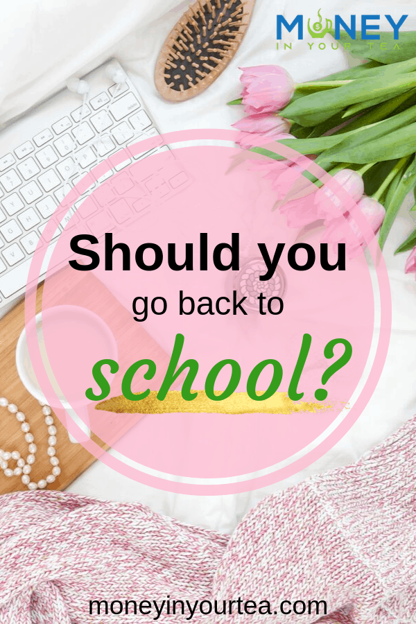 Pink tulips, keyboard etc on white background, with text overlay "Should you go back to school?" by moneyinyourteas.com