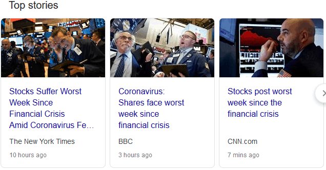 Online news headlines February 28, 2020, regarding global stock market declines