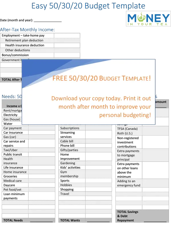 Free 50-30-20 budget template from moneyinyourteas.com