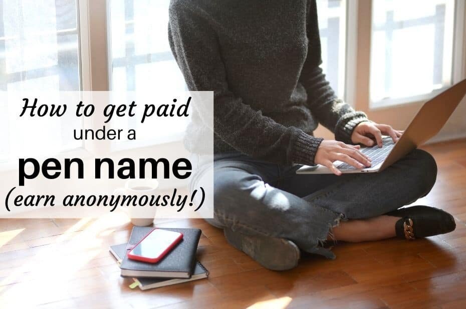 Woman typing with text overlay How to get paid under a pen name, write anonymously